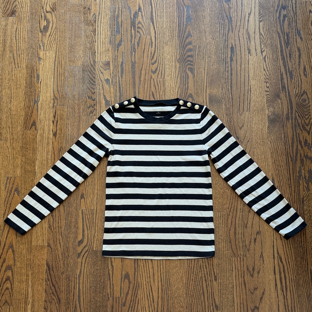 J. Crew Black Tan Stripe Perfect-Fit Long Sleeve Crewneck Shirt with Buttons L